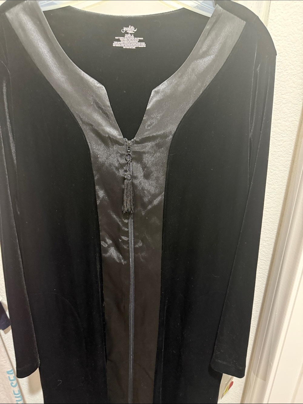 Black Velvet Long Zip-Front Coat with Satin Trim